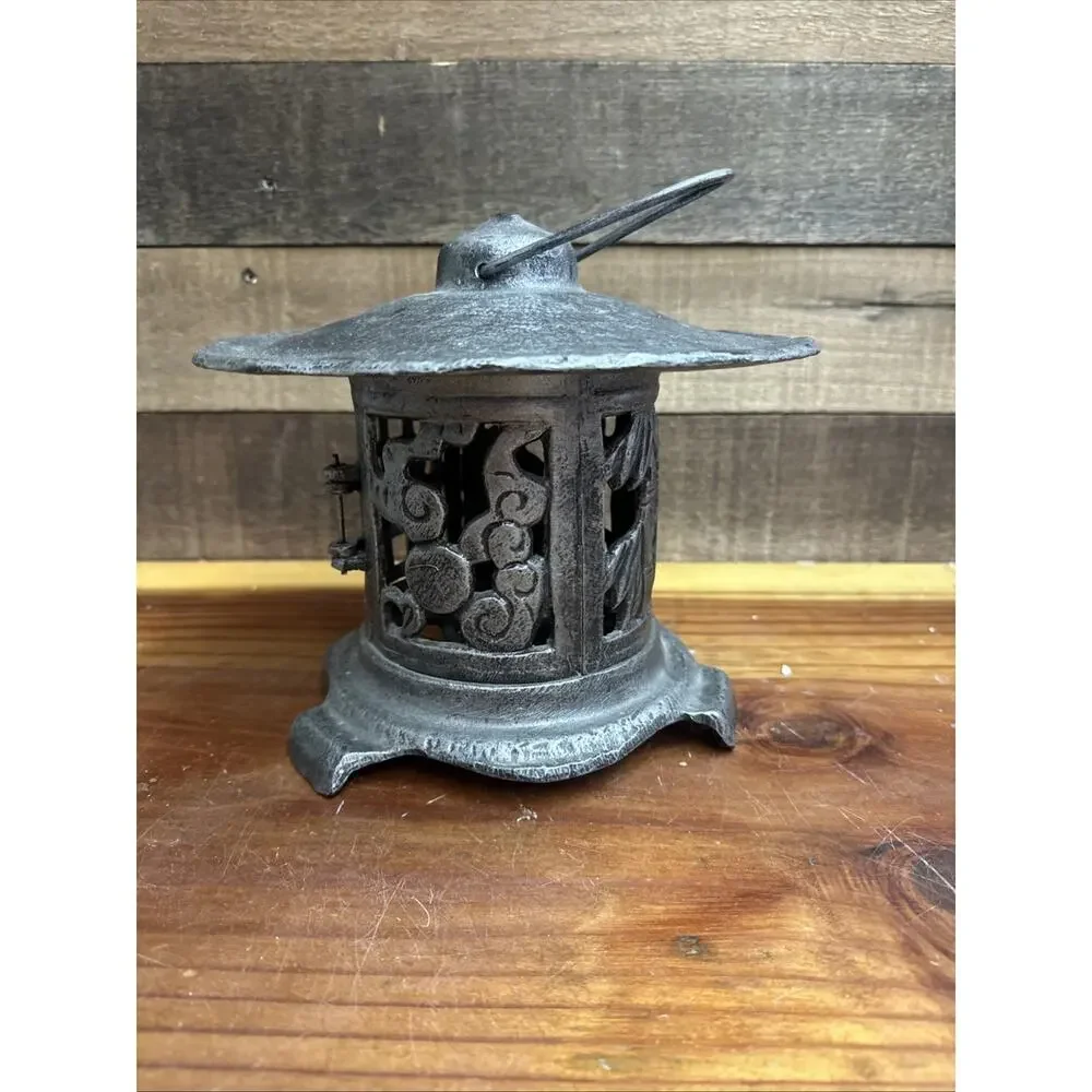 Vintage Japanese Lantern Garden Lamp Birds Bamboo Motif Candle Pagoda Metal